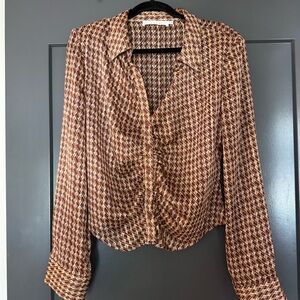 Astr Geometric Print Ruched Front Blouse - Brown/Gold